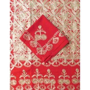 Aghabani Tablecloth 12 Matching Napkins Red Gold Embroidery 55x98 Inches
